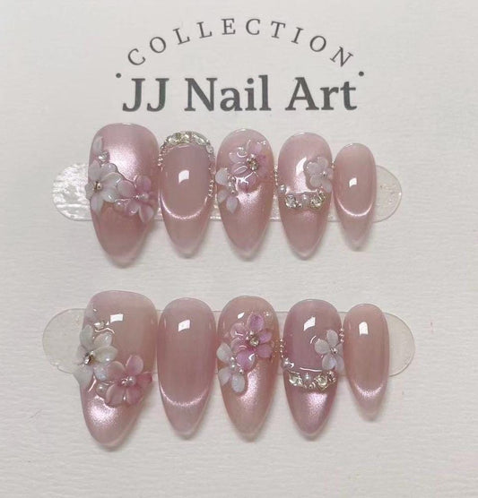 Handpainted Pink Cat Eye Petals  Press On Nails: 3D Floral Reusable Set