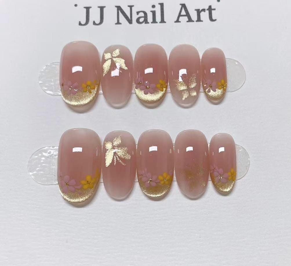 Butterflies and Petals Hand Painted Press On Nails: Custom Shape Reusable Nail Set