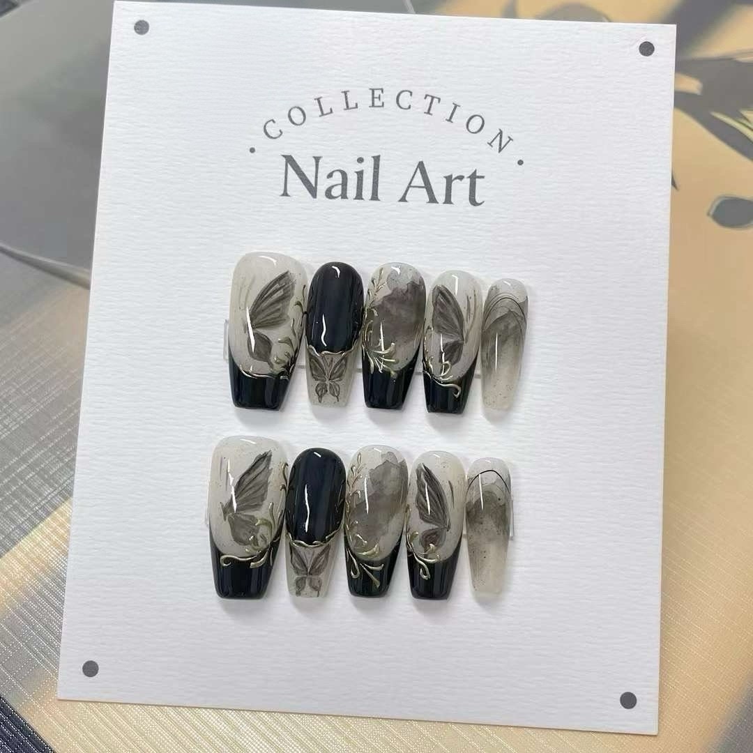 Hand Painted Butterfly Press On Nails: Reusable Gel Faux Nails