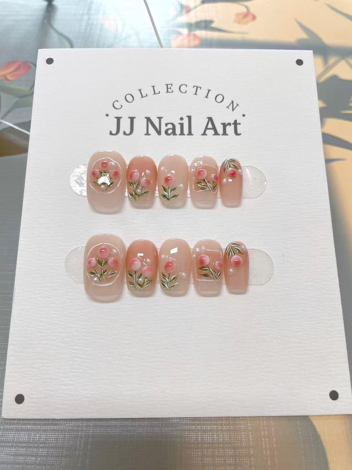 Handmade Pink Flowers Nude Press On Nails: Floral French Reusable Set