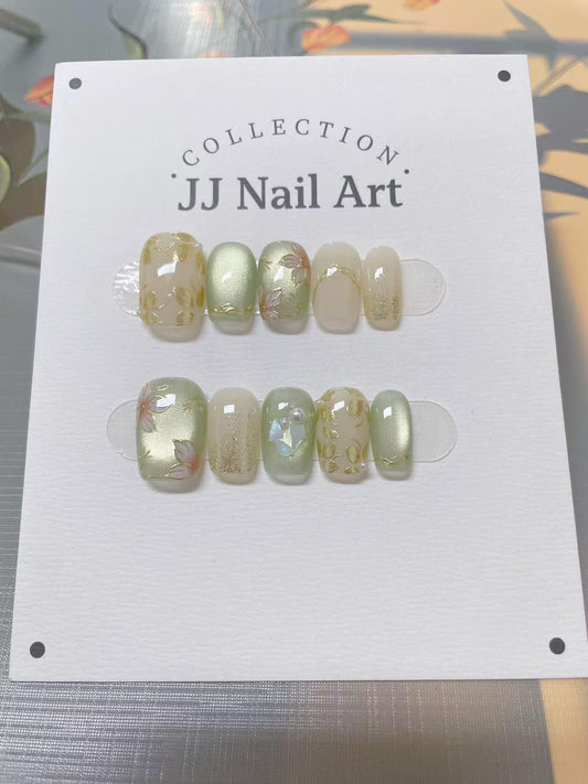 Handmade Light Green Cat Eye Press On Nails: Reusable Set