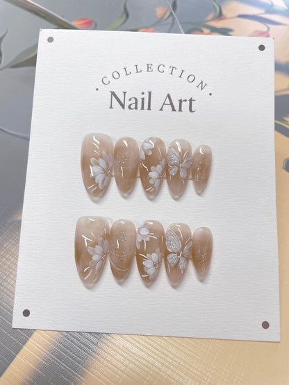 Hand Painted Press On Nails: White Flowers, Butterfly Design, Reusable