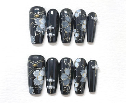 Hand Painted Flower Press On Nails: Elegant Artist Faux Nails