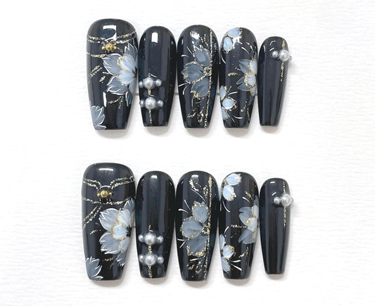 Hand Painted Flower Press On Nails: Elegant Artist Faux Nails