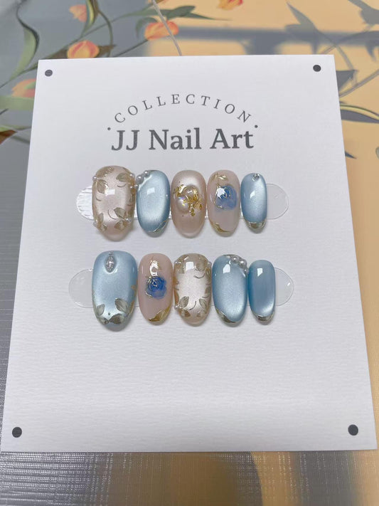 Blue Cat Eye Floral Press On Nails: Reusable Custom Shape Set