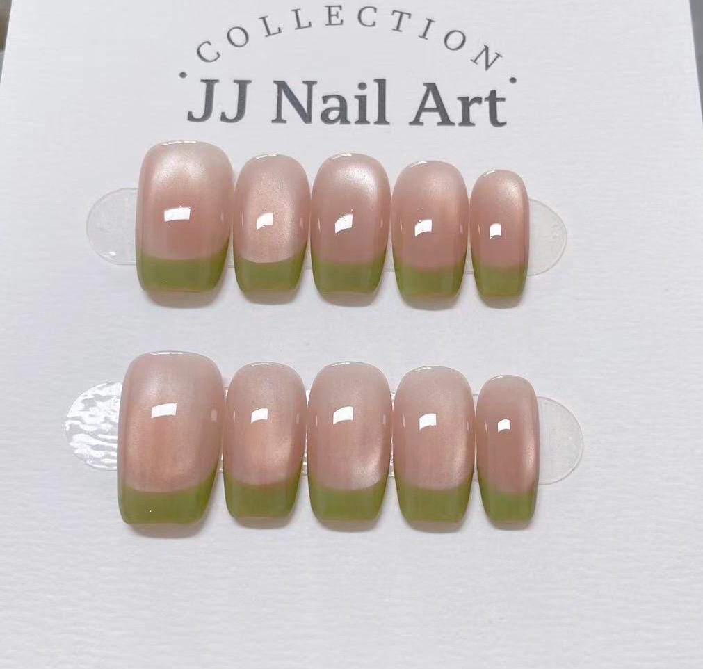 Green French Cat Eye Handmade Press On Nails: Reusable Custom Shape Set