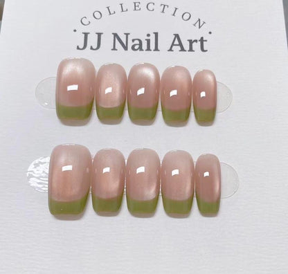 Green French Cat Eye Handmade Press On Nails: Reusable Custom Shape Set