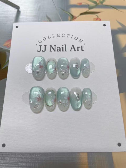 Hand Painted Crystal Nlue Cat Eye Petals Press On Nails: Reusable Set