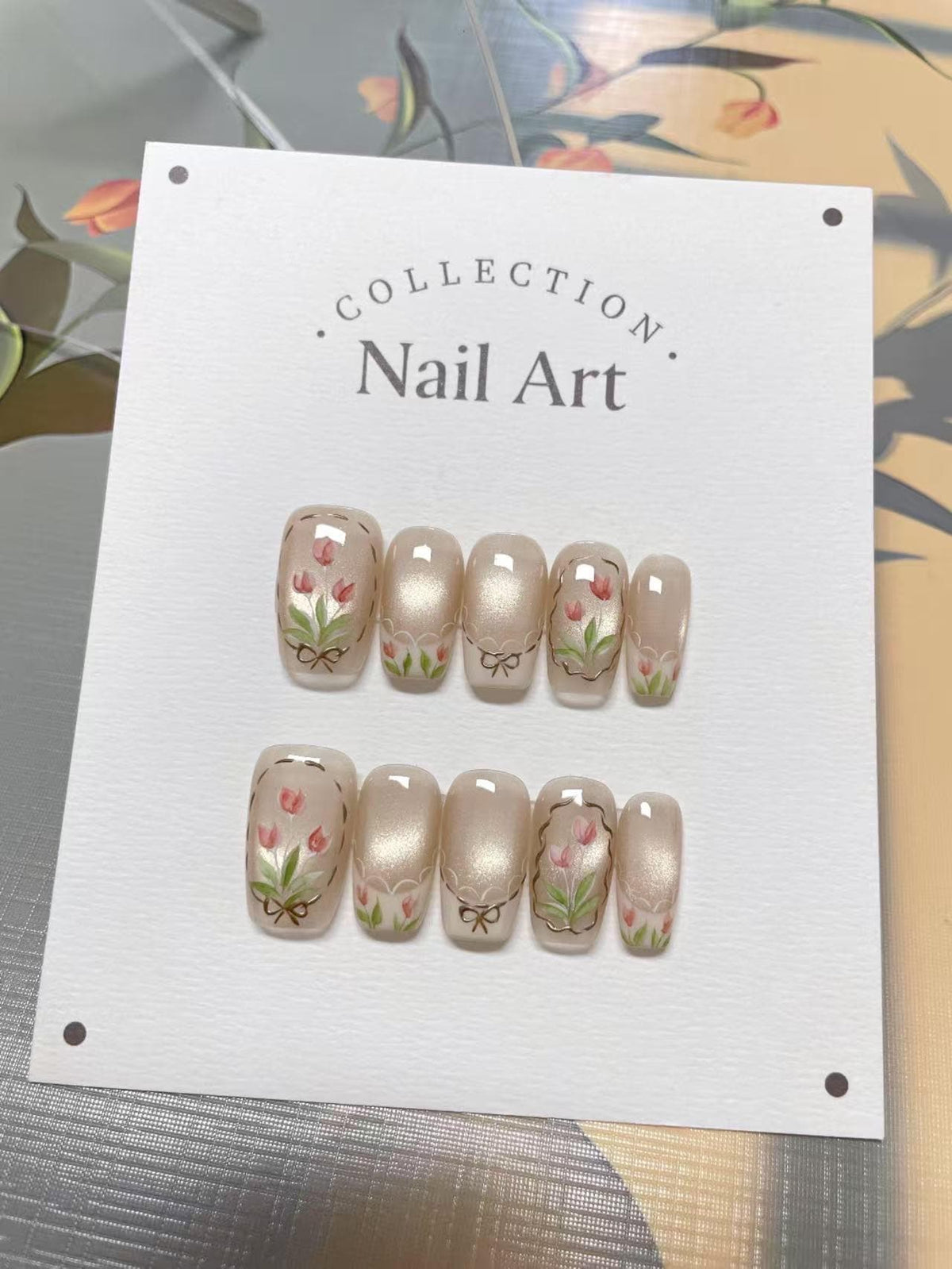 Hand Painted Tulips Press On Nails: Reusable Artist Faux Nails