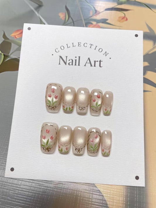 Hand Painted Tulips Press On Nails: Reusable Artist Faux Nails