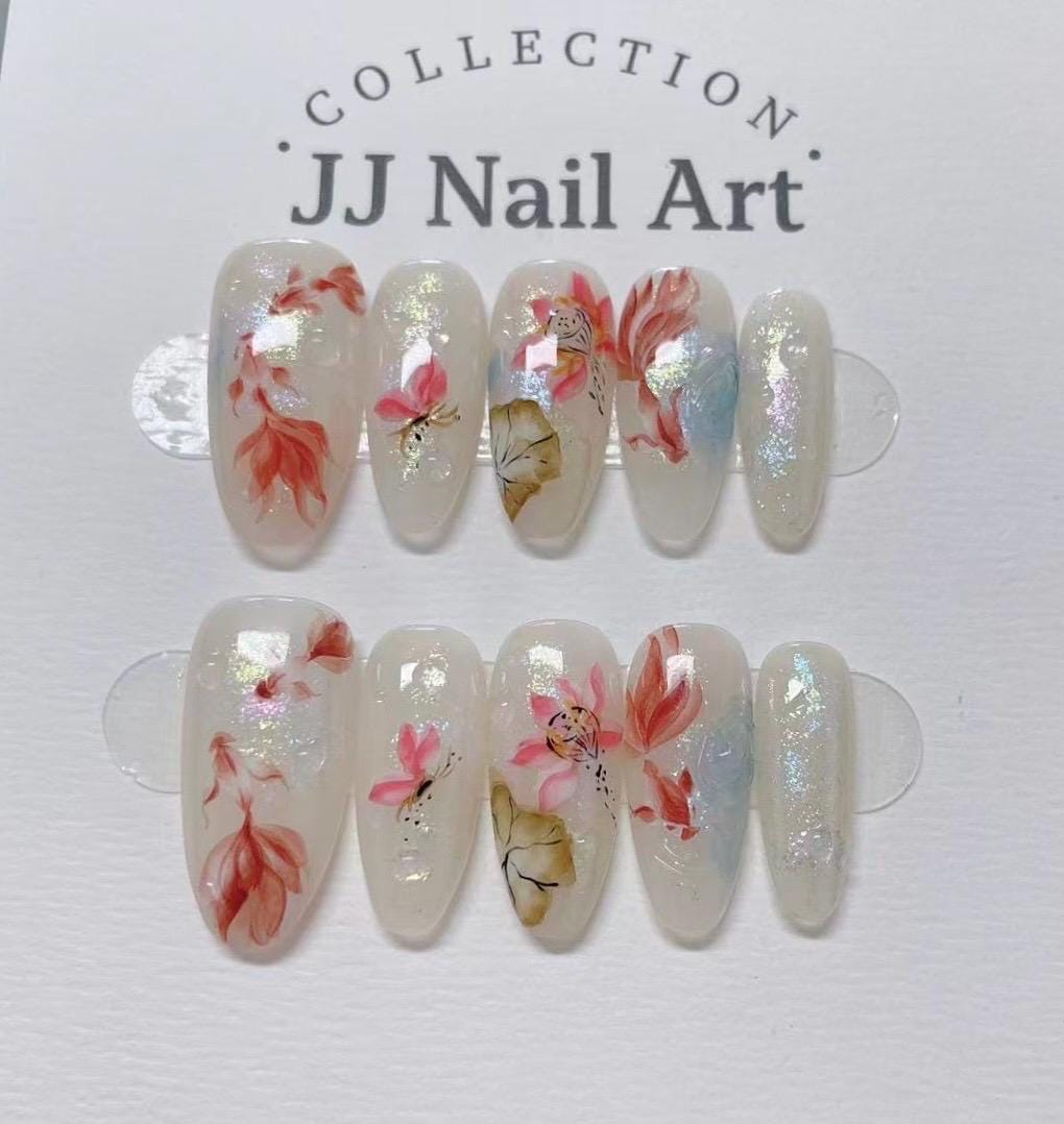 Koi Fish Water Lilies Press On Nails: Custom Shape Reusable Set