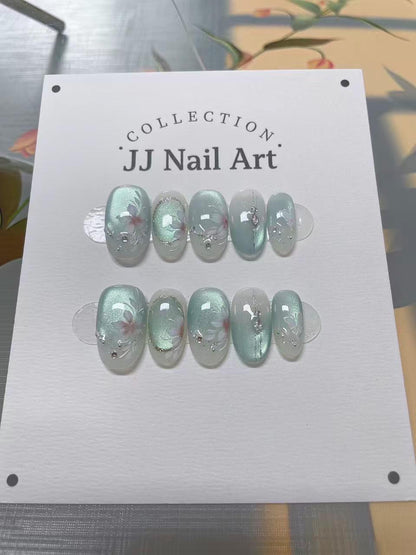 Hand Painted Crystal Nlue Cat Eye Petals Press On Nails: Reusable Set