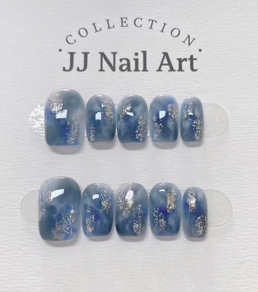 Handmade Blue Smudge Glitters Press On Nails: Reusable Nail Set