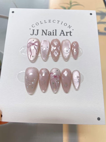 Pretty BowTie Cat Eye Press On Nails: Custom Shape Reusable Nail Set