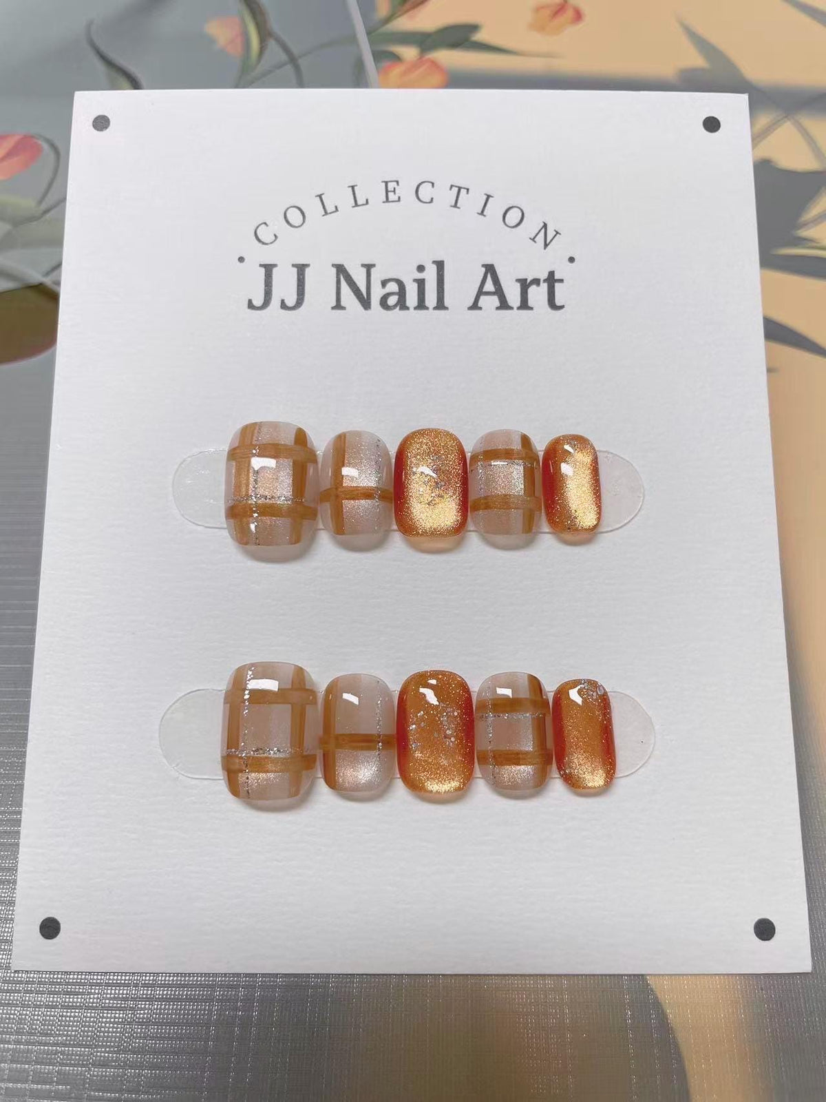Fall Orange Pattern Cat Eye Press On Nails: Hand Painted Reusable Fake Nails