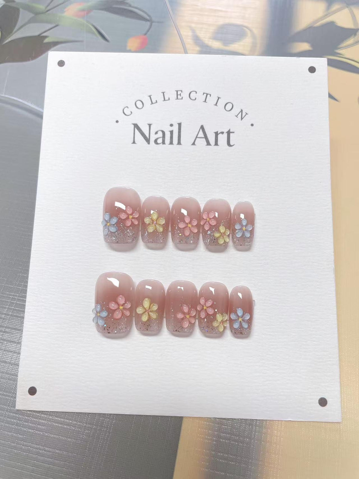 Hand Painted Flower Glitter Press On Nails: Reusable Artist Faux Nails