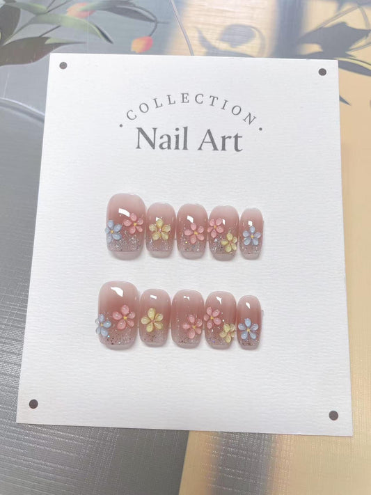 Hand Painted Flower Glitter Press On Nails: Reusable Artist Faux Nails