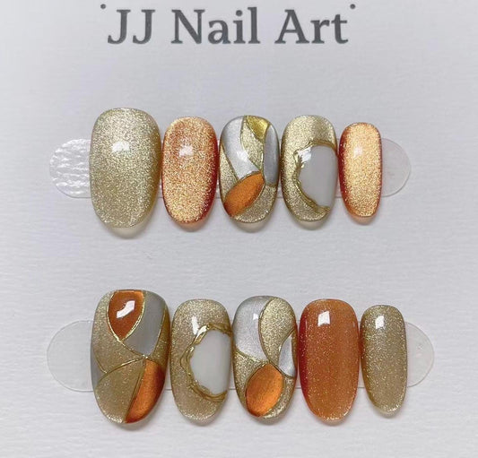 Custom Shape Press On Nails: Stain Glass Cat Eye Hand Painted, Reusable Fake Nails