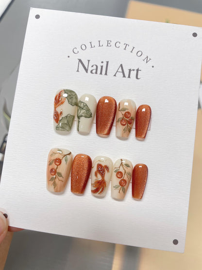 Hand Painted Press On Nails: Gold Fish & Leaves, Reusable Faux Nails