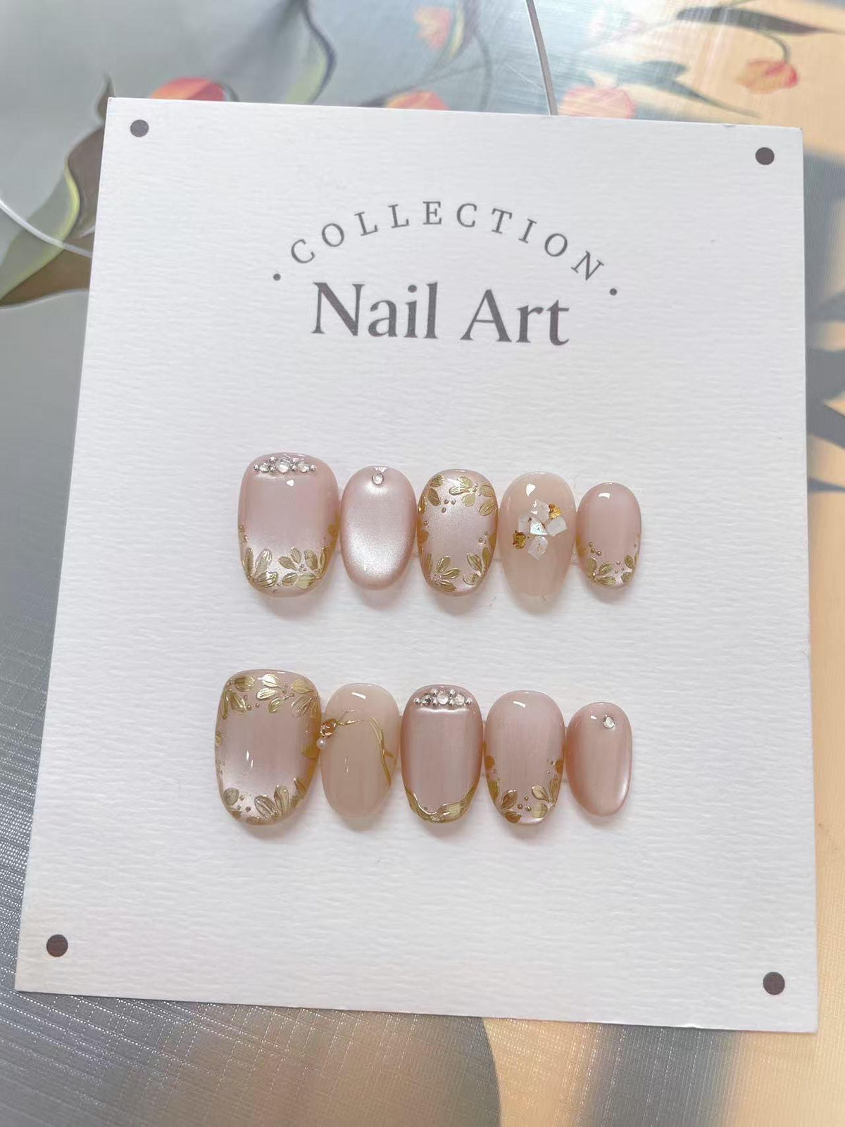 Hand Painted Flower Press On Nails: Pink Gem Artist Faux Nails