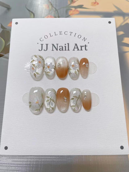 Handmade White Flowers Press On Nails: Reusable Set