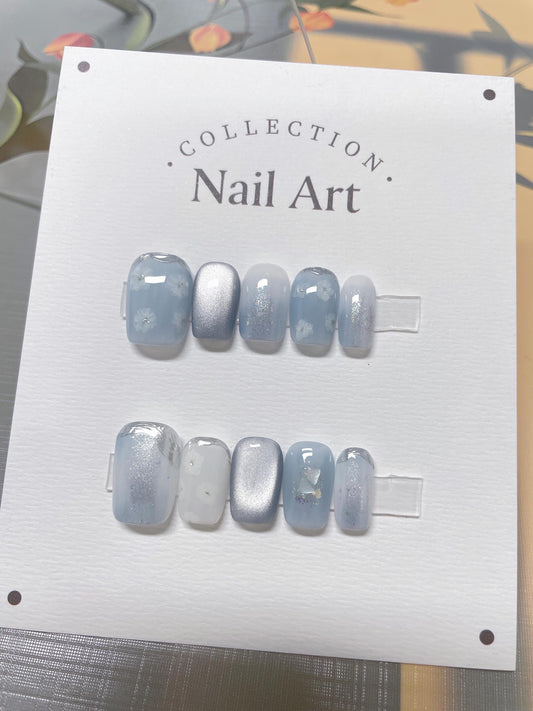Hand Painted Press On Nails: White Flowers, Blue Smudge, Reusable