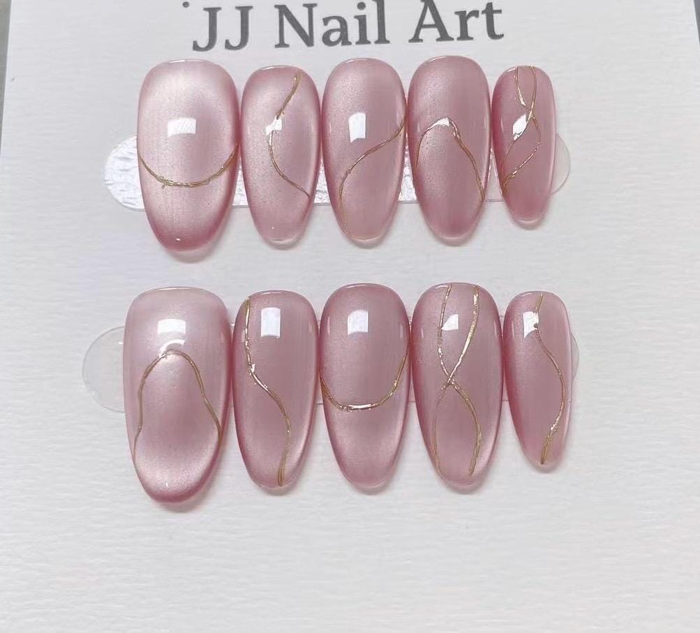 Silky Pink Cat Eye Hand Painted Press On Nails: Custom Shape Reusable Nail Set