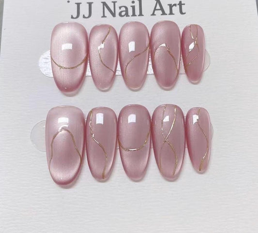 Silky Pink Cat Eye Hand Painted Press On Nails: Custom Shape Reusable Nail Set