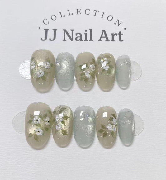 Handmade White Flowers Cat Eye Press On Nails: Reusable Set