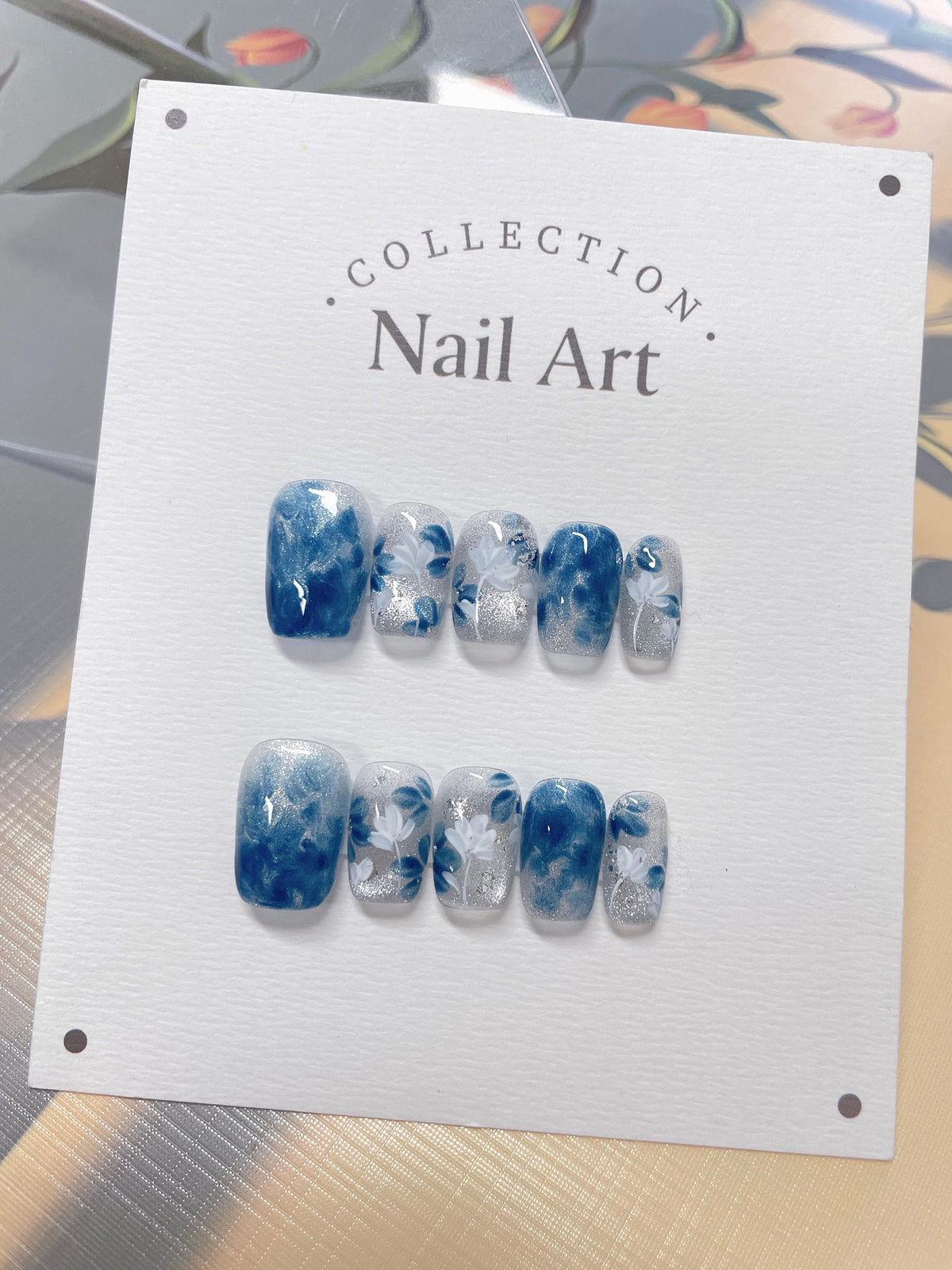 Hand Painted Blue Flower Press On Nails: Cat Eye Elegant Faux Nails
