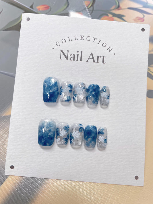 Hand Painted Blue Flower Press On Nails: Cat Eye Elegant Faux Nails