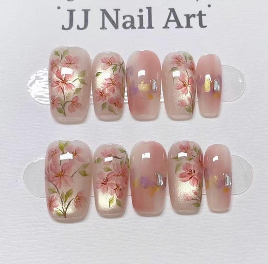 Spring Flowers Hand Painted Press On Nails: Custom Shape Reusable Nail Set