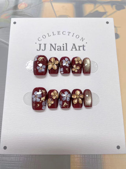 Gold Flowers With Burgundy Hand Painted Press On Nails: Custom Shape Reusable Nail Set