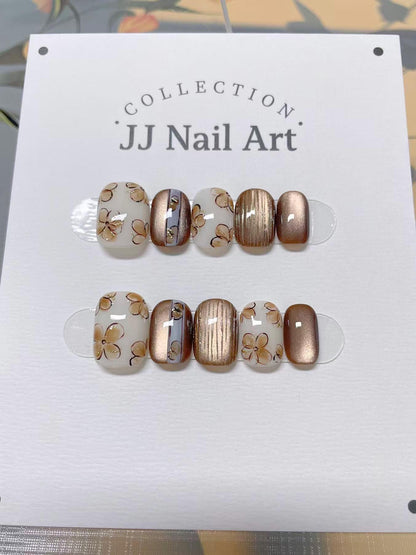 Custom Shape Hand Painted Press On Nails: Light Brown Petals Cat Eye Reusable Nail Set