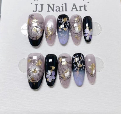 Gold Foils Hand Painted Press On Nails: Custom Shape Reusable Nail Set