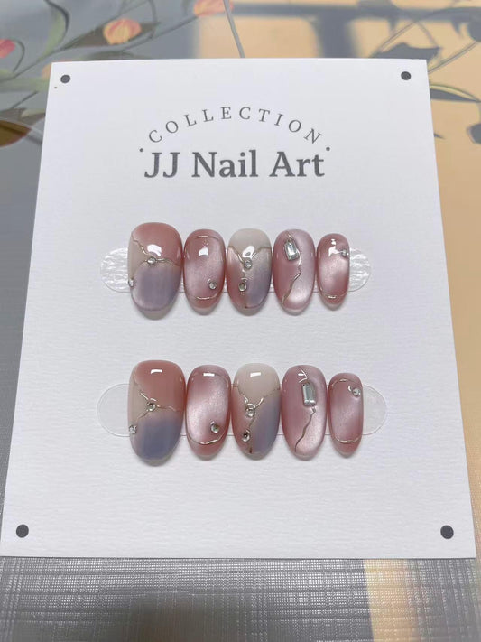 Hand Painted Cat Eye Press On Nails: Custom Shape, Reusable