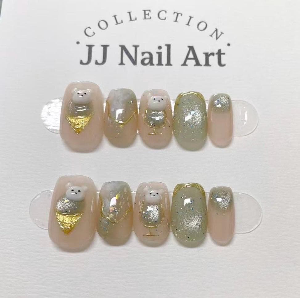 Handmade Bear Press On Nails: Reusable Set, Nail Art Design