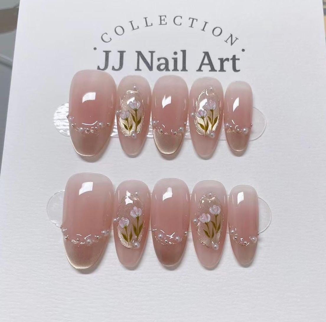 Flowers Beads Handmade Press On Nails: Reusable Custom Shape Set