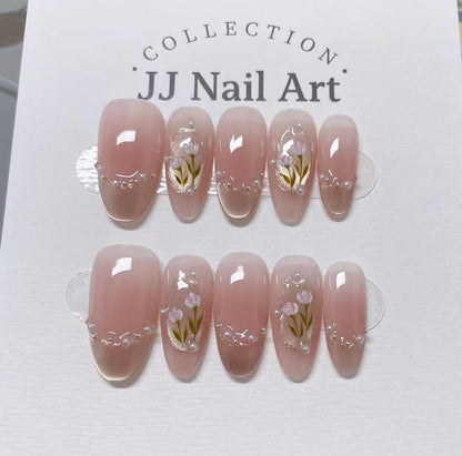 Flowers Beads Handmade Press On Nails: Reusable Custom Shape Set