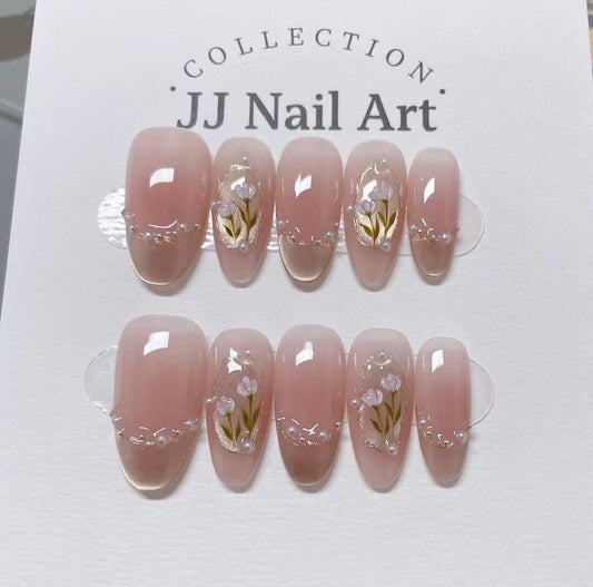 Flowers Beads Handmade Press On Nails: Reusable Custom Shape Set