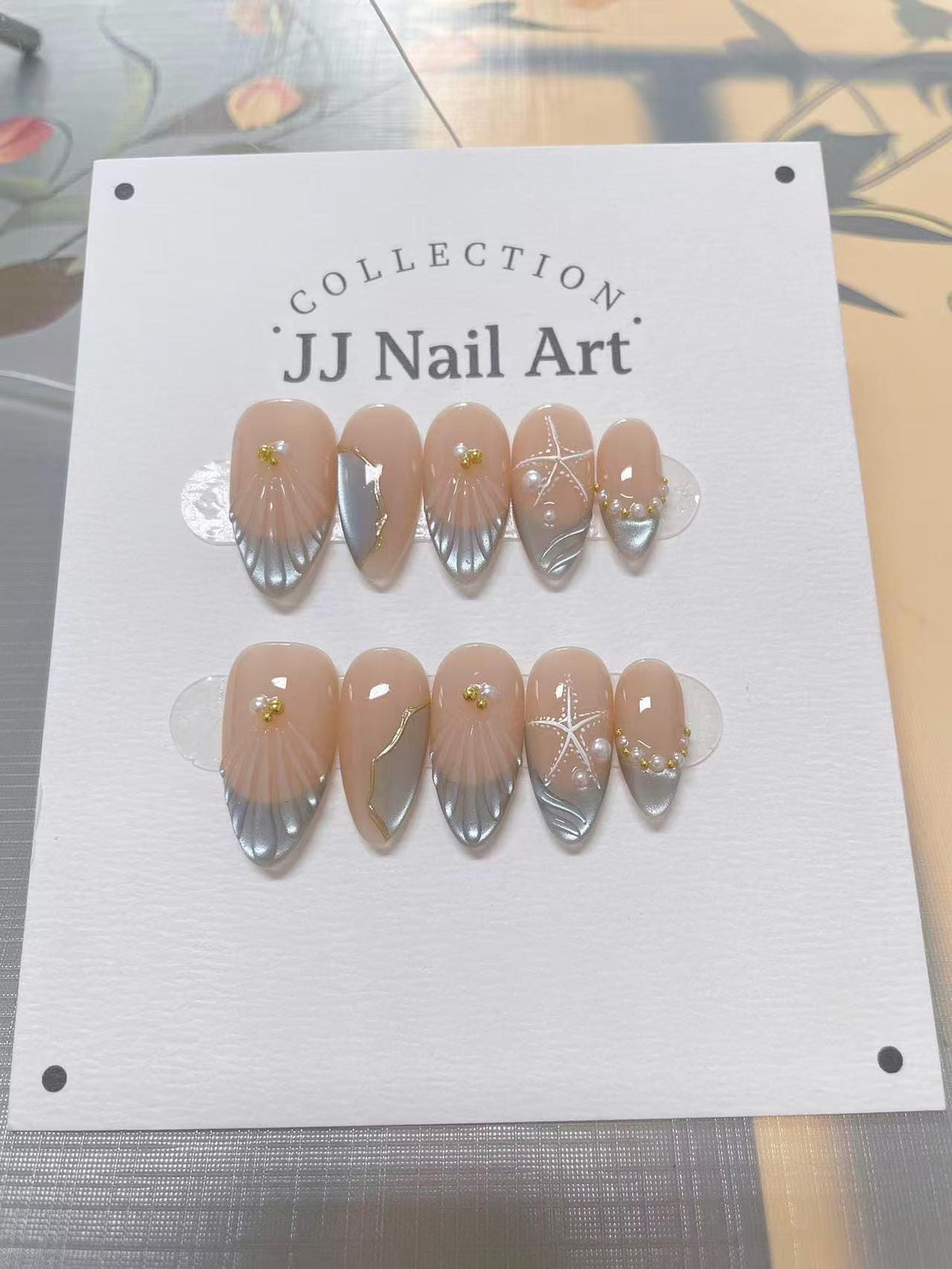 Handmade Sea Stars Cat Eye Press On Nails: Custom Shape Reusable Set