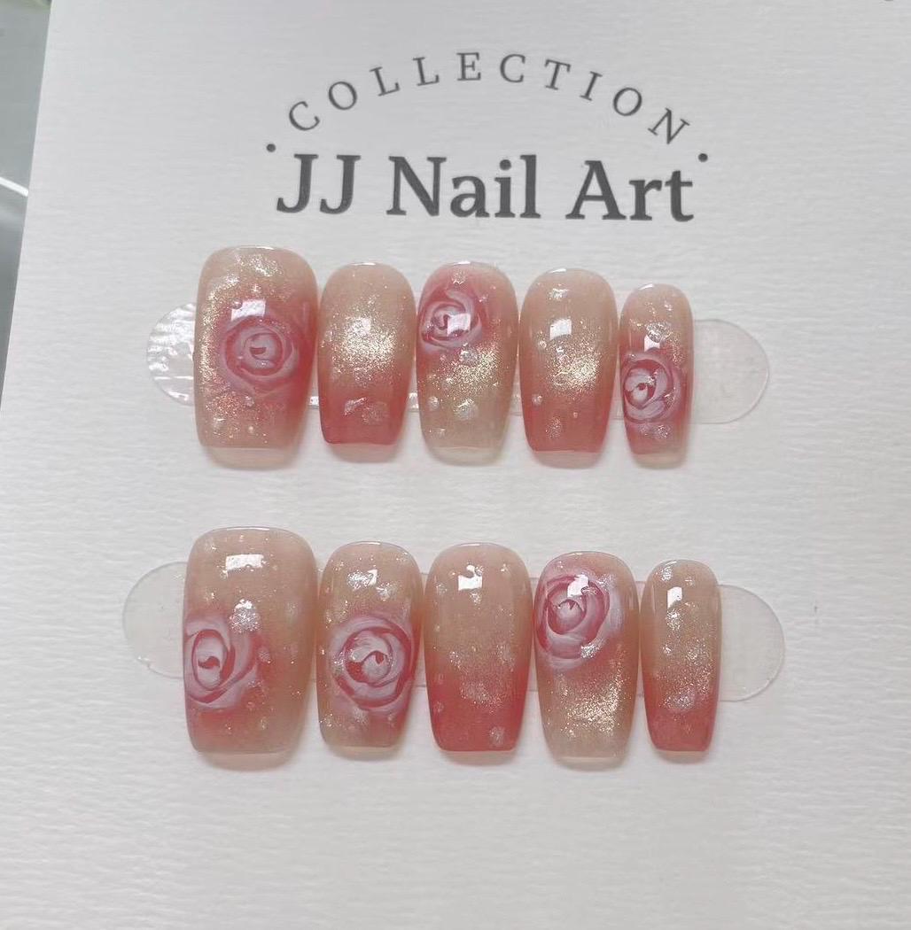 Handmade Rose Press On Nails: Reusable Custom Shape Set