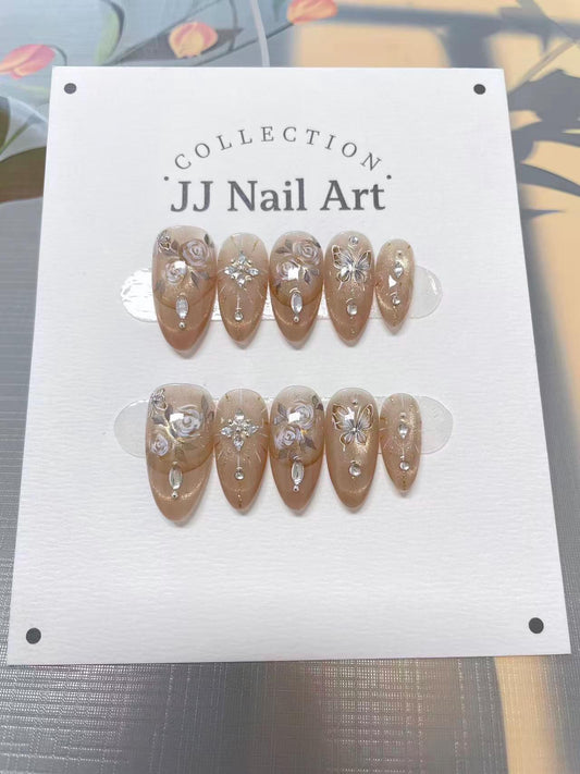 Diamond Roses Hand Painted Press On Nails: Custom Shape Reusable Nail Set