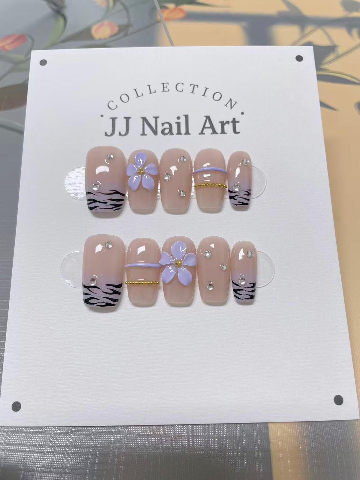 Purple Flower Handmade Press On Nails: Reusable Custom Shape Set