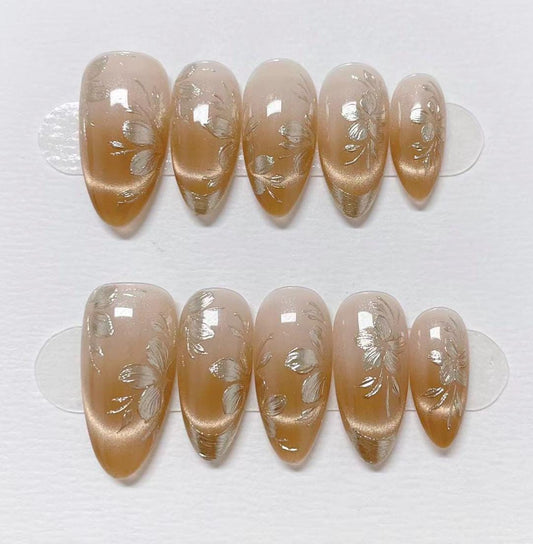 Custom Shape Press On Nails: Gold Gel Florals, Reusable Fake Nails