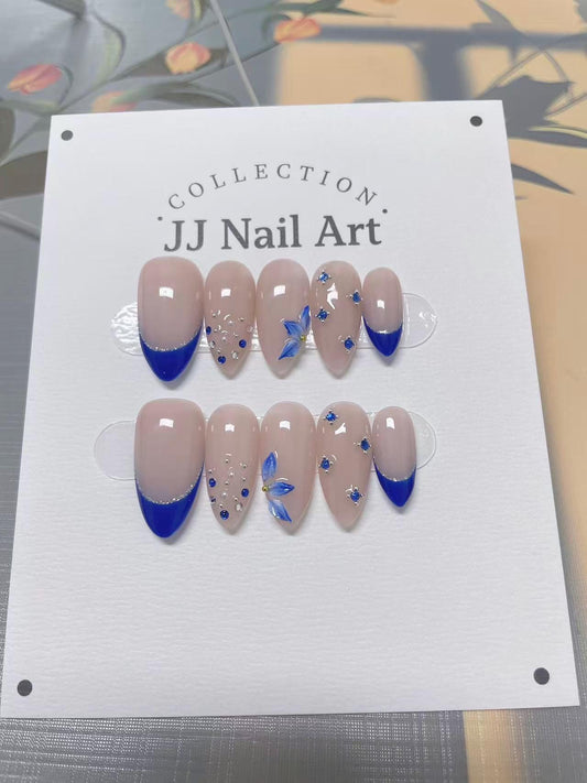 Blue Flowers French Press On Nails: Reusable Custom Shape Set