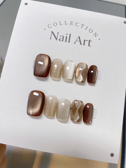 Handmade Fall Rose Press On Nails: Brown & Gold Gel, Reusable