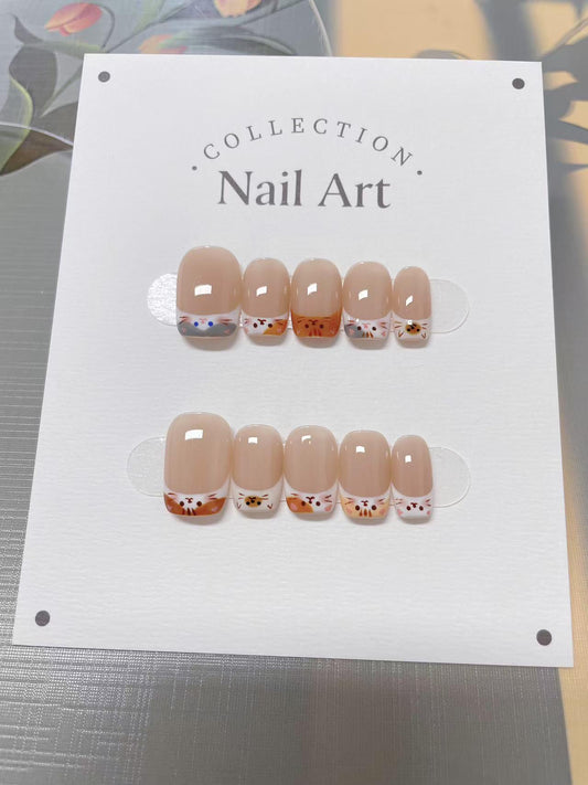 Custom Nail Shape Colorful Cats Press On Nails, Hand Painted Reusable Faux Nails