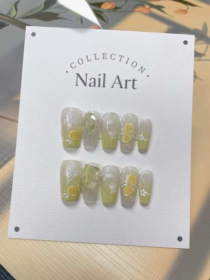 Hand Painted Press On Nails: Fall Floral Gel Faux Nails