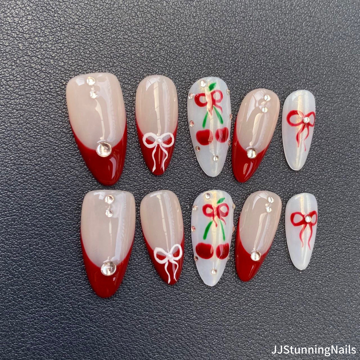 3D Cherry Press On Nails: Handmade Gel Almond Faux Nails
